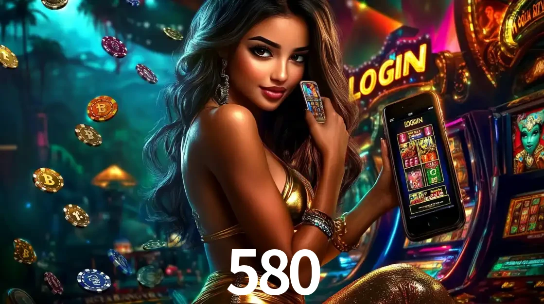 Mulher em um cenário de cassino temático de aventura, mostrando o app de caça-níqueis da 580 no celular. Fichas de apostas flutuam ao redor.