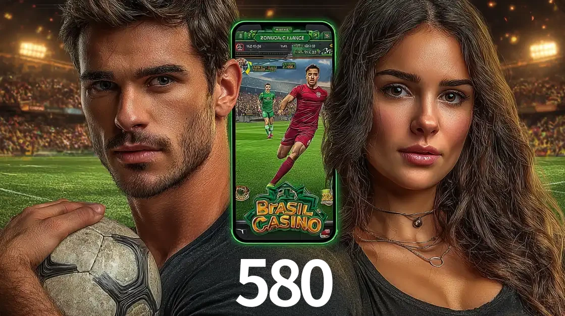 Homem segurando uma bola de futebol e uma mulher ao lado de um smartphone exibindo o jogo de apostas esportivas da 580. Faça seu palpite no cassino online.